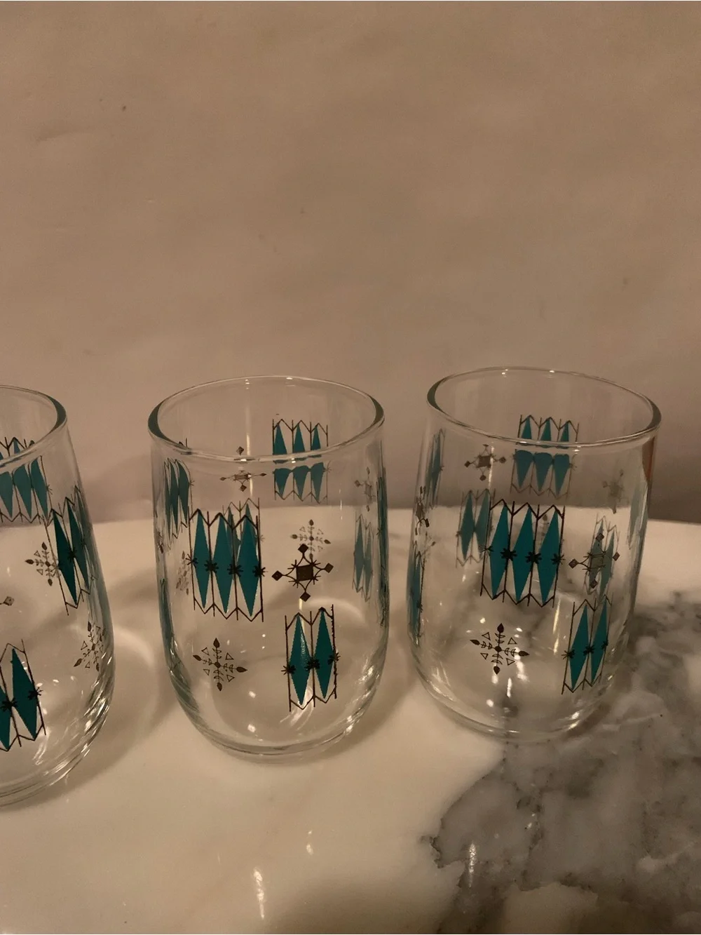Vintage Mid-Century Modern Atomic Teal & Black Geometric Juice Glasses Set Of 4